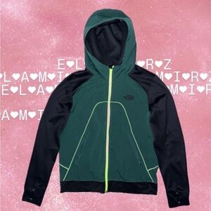 North Face Green Zip Up Jacket  with neon lining and thumb holes